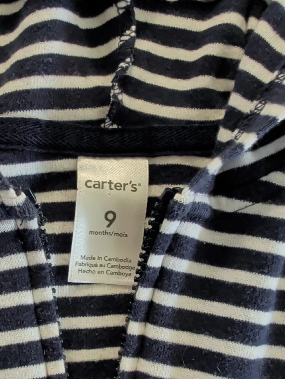 Carter's Navy & White Stripe Hooded Zip-Up Sweatshirt - 9 Months